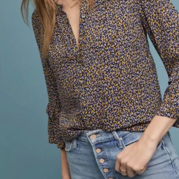 Maeve by Anthropologie Berwick Top Black Print Button Down Size S 3/4 Sleeves - Picture 14 of 14